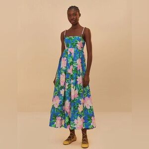 FARM Rio | Dresses | Farm Rio Blue Painted Flowers Organic Cotton Midi Dress  | Poshmark